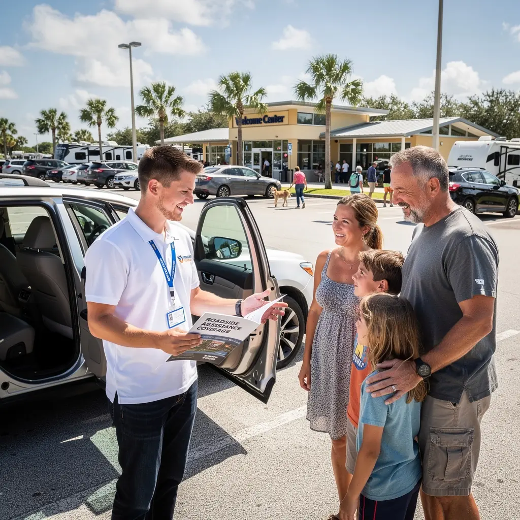 Kobieta rozmawia przez telefon, uzyskując pomoc drogową w sytuacji awaryjnej.