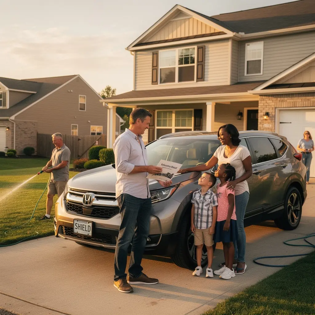 Samochód na tle pięknego krajobrazu, symbolizujący podróż z pełnym ubezpieczeniem.